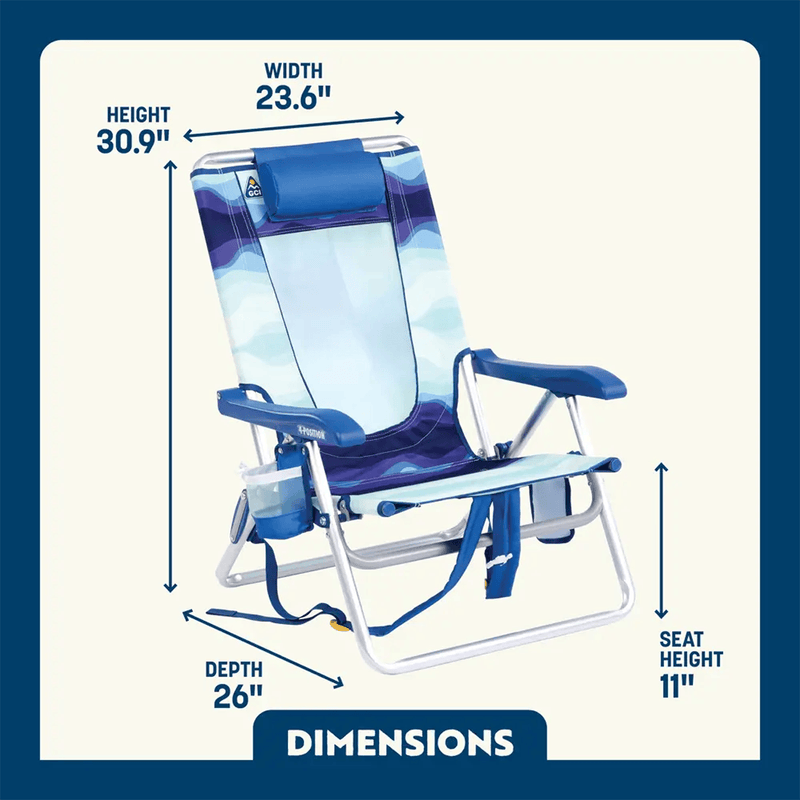 Load image into Gallery viewer, Beach chair with dimensions labeled on a blue and white background
