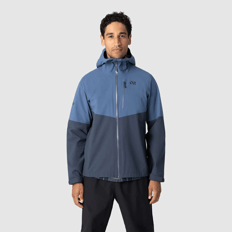 Load image into Gallery viewer, Person wearing a two-tone blue and gray jacket on a light gray background
