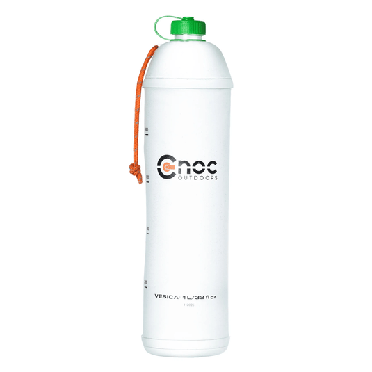 White water bottle with green cap and orange strap on a white background