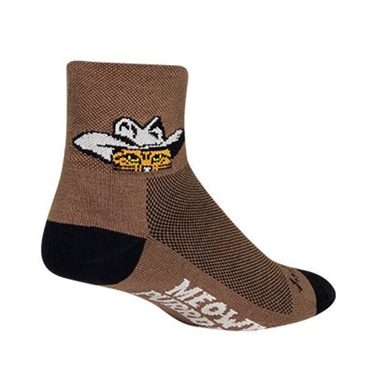 Brown sock with a cat graphic and 'MEOW' text on a white background