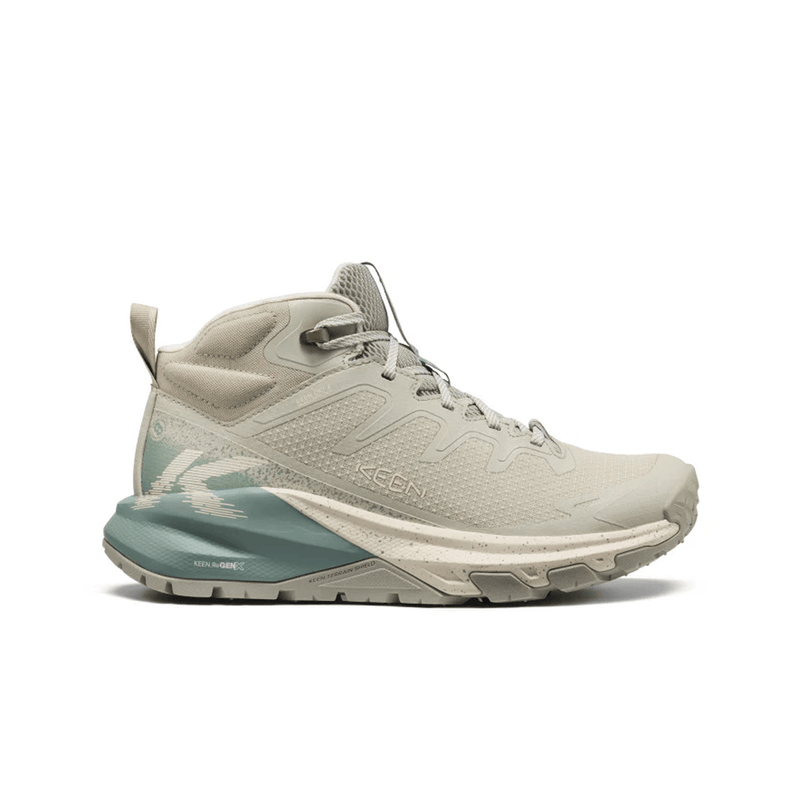 Load image into Gallery viewer, Beige and green hiking shoe on a white background
