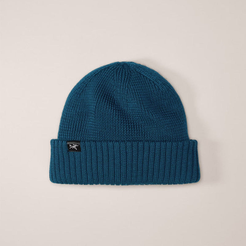 Load image into Gallery viewer, Blue knit beanie with a brand logo on a beige background
