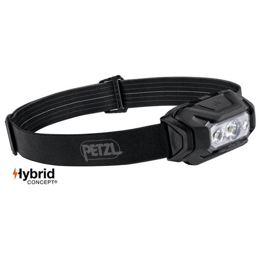 Black headlamp with Petzl logo on a white background