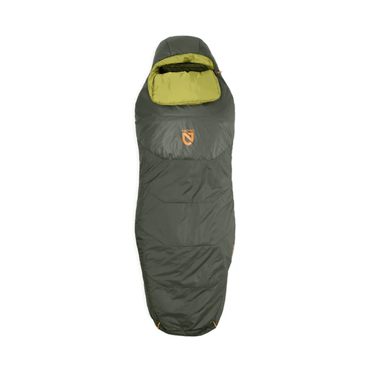 Green and gray sleeping bag with a brand logo on a white background