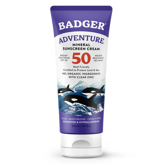 Badger Adventure Mineral Sunscreen Cream SPF 50 on a white background