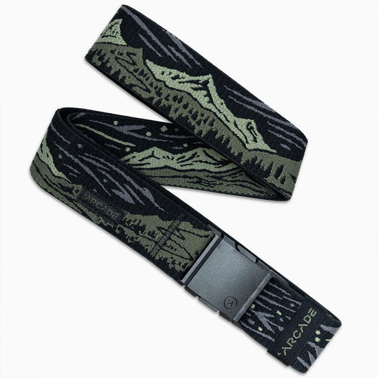 Black and green patterned belt with Arcade logo on a white background