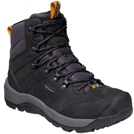 Black hiking boot with gray sole on a white background