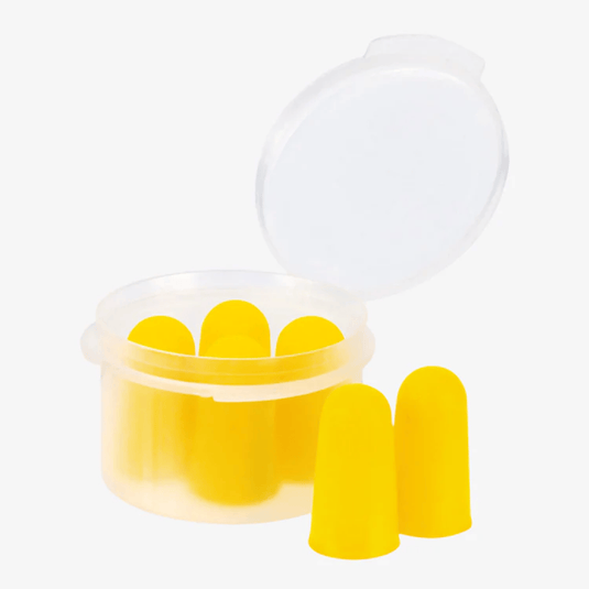 Yellow earplugs in a clear plastic container on a white background