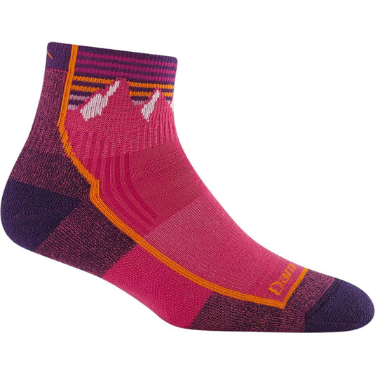 Pink and purple sock with orange accents on a white background