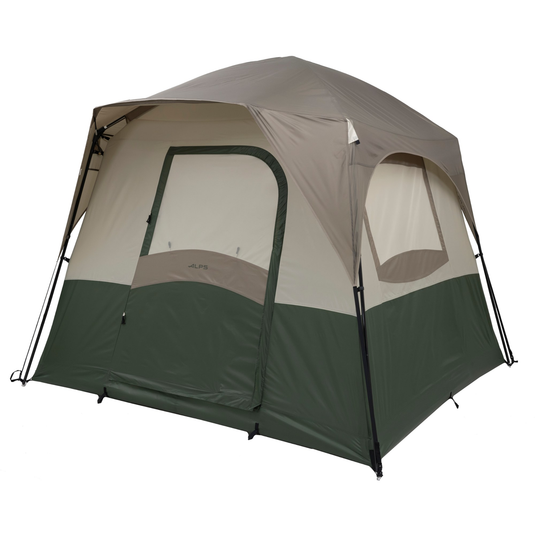 Two-tone tent with green and beige sections on a white background