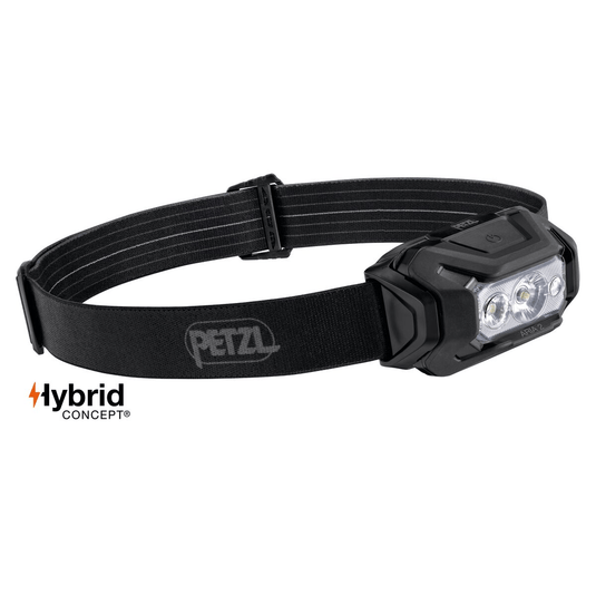 Black headlamp with Petzl logo on a white background