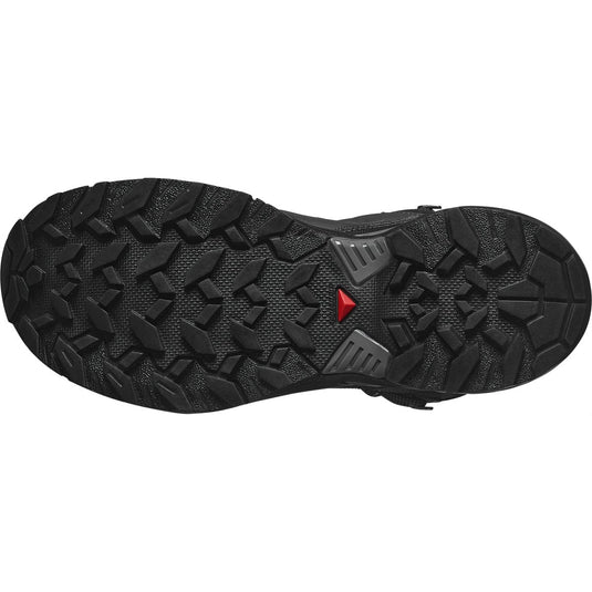 Black hiking shoe sole with brand logo on a white background