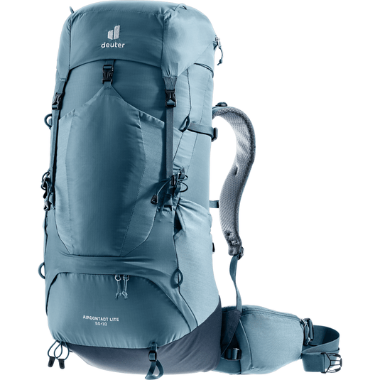 Blue hiking backpack with Deuter logo on a white background