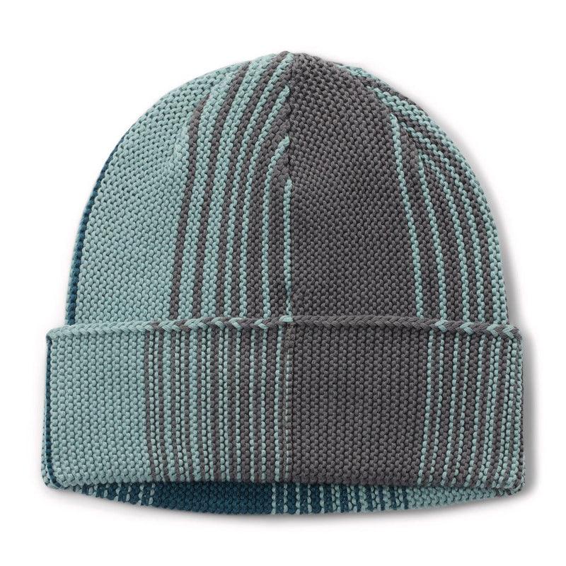 Load image into Gallery viewer, Knitted beanie with gray and teal stripes on a white background
