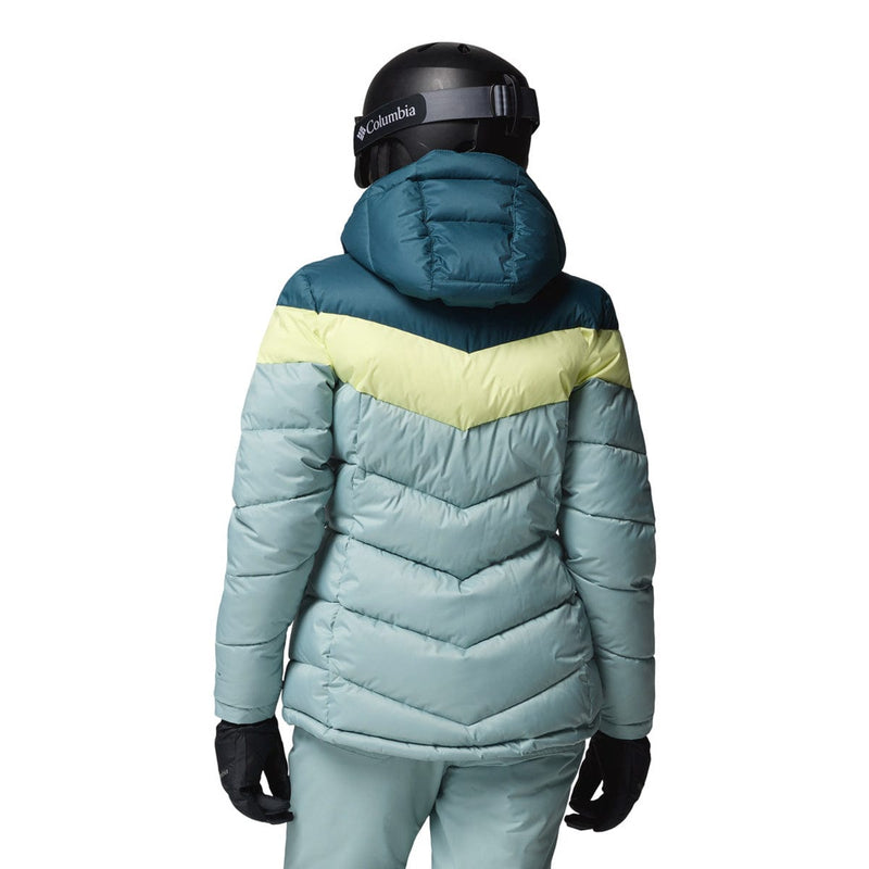 Load image into Gallery viewer, Person wearing a two-tone puffer jacket with a Columbia helmet on a white background
