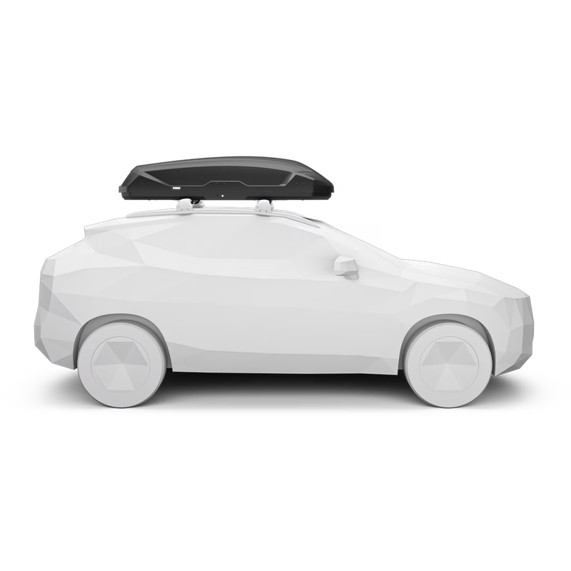 Load image into Gallery viewer, White car with a black roof box on a white background
