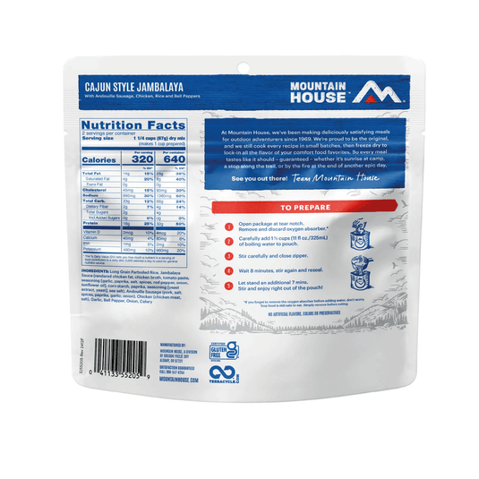 Mountain House Cajun Style Jambalaya food pack with nutrition facts and preparation instructions on a white background