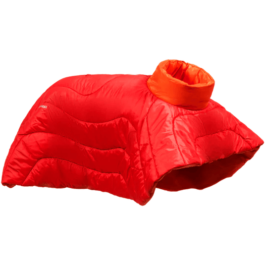 Red puffer jacket with orange interior on a white background