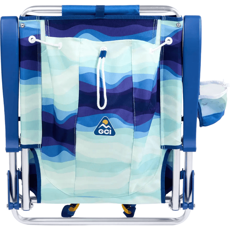 Load image into Gallery viewer, Foldable chair with a blue and green patterned cover and GCI logo.
