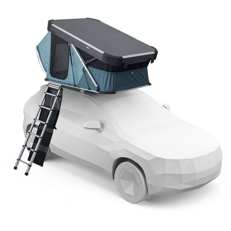 Load image into Gallery viewer, Car with a rooftop tent and ladder on a white background
