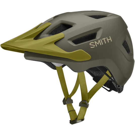 Smith helmet with green accents on a white background