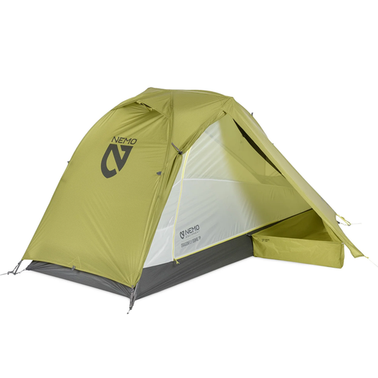 Green camping tent with Nemo branding on a white background