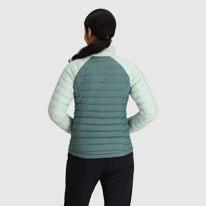 Load image into Gallery viewer, Person wearing a two-tone green puffer jacket on a light gray background
