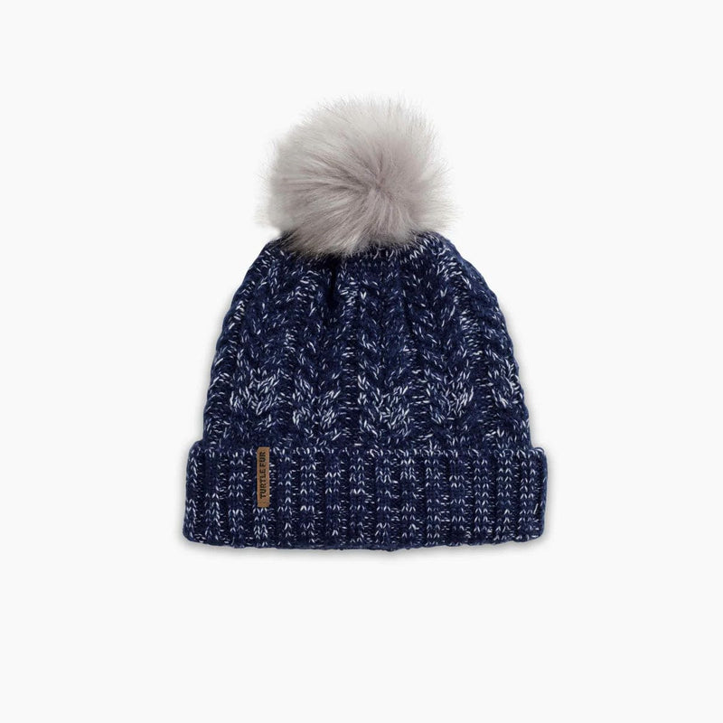 Load image into Gallery viewer, Navy blue knit beanie with a gray pom-pom on a white background
