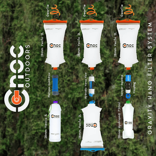 Collection of Choc Outdoors water filtration systems on a green background