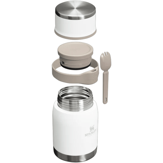 White thermos with silver lid and beige fork on a white background
