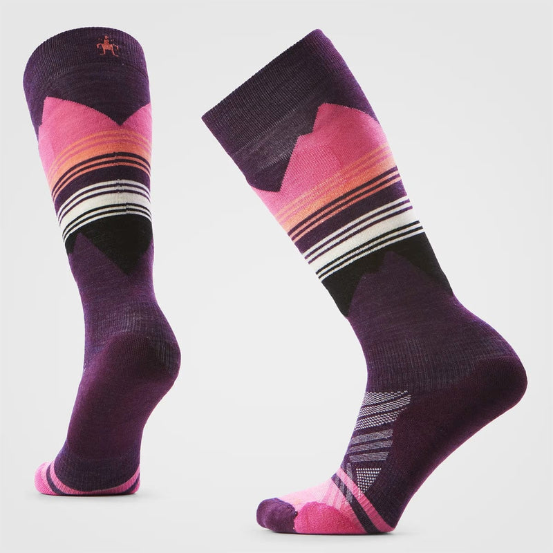 Load image into Gallery viewer, Pair of purple socks with pink and white stripes on a light gray background
