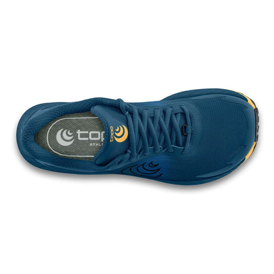 Blue athletic shoe with brand logo on a white background