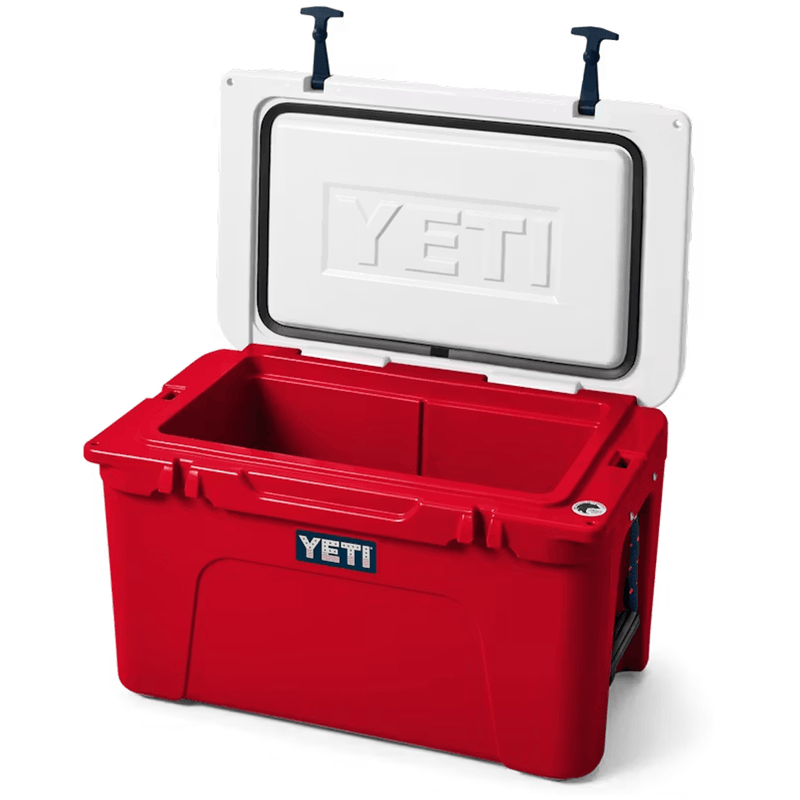 Load image into Gallery viewer, Red YETI cooler with white lid on a white background
