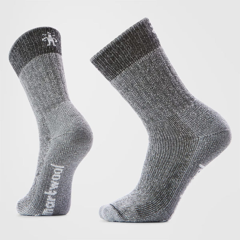Load image into Gallery viewer, Pair of gray socks with black accents on a light gray background
