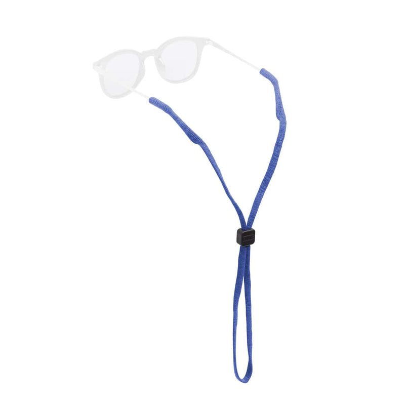Load image into Gallery viewer, White eyeglasses on a blue elastic cord with a black clasp on a white background
