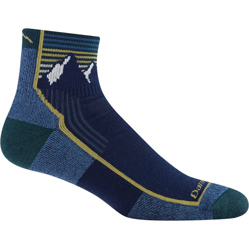 Load image into Gallery viewer, Blue sock with mountain design on a white background
