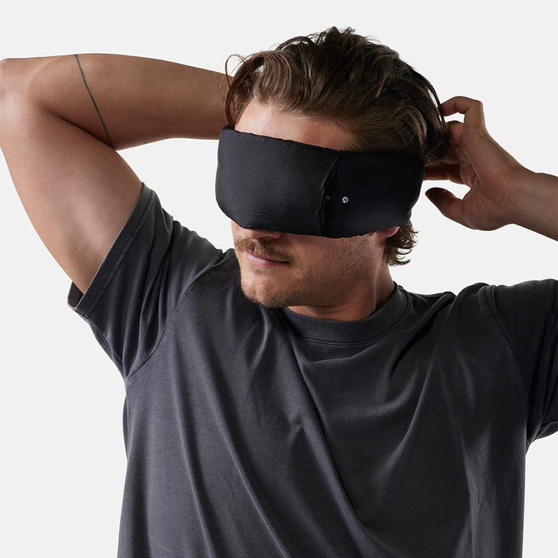 Load image into Gallery viewer, Man wearing a black sleep mask against a white background
