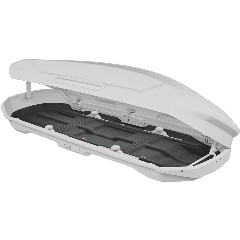 Load image into Gallery viewer, White car roof box with open lid on a white background
