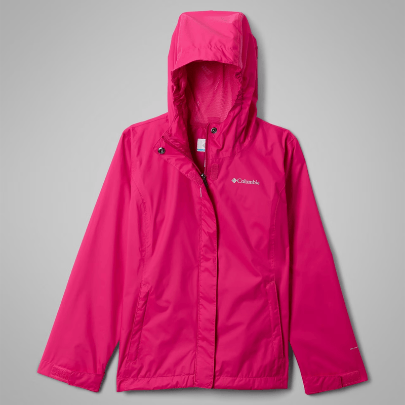 Load image into Gallery viewer, Pink rain jacket with Columbia logo on a gray background
