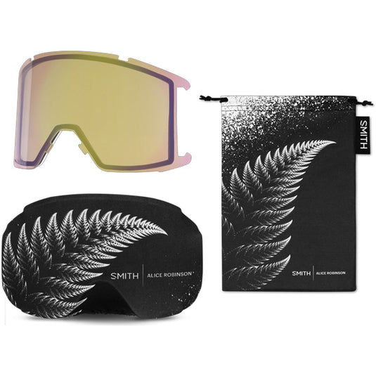 Smith goggles with pink lens, black case, and branded pouch on a white background