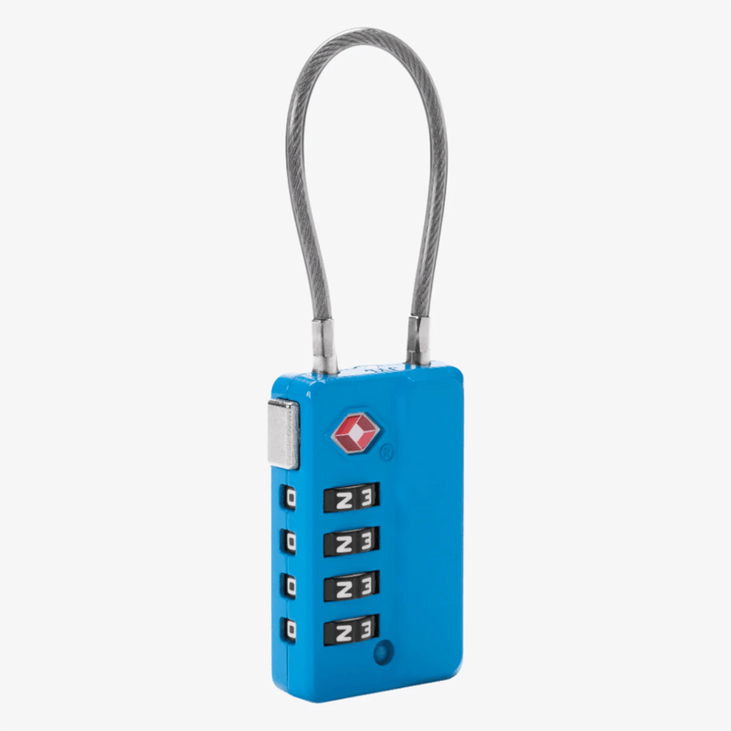 Load image into Gallery viewer, Blue combination lock with a gray cable on a white background
