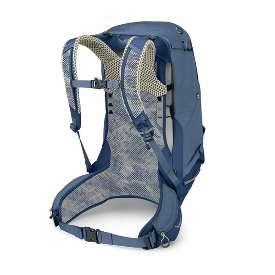 Blue hiking backpack with a white background