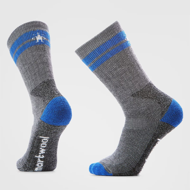 Load image into Gallery viewer, Pair of gray socks with blue accents on a light gray background
