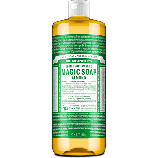 Dr. Bronner's Magic Soap Almond bottle on a white background