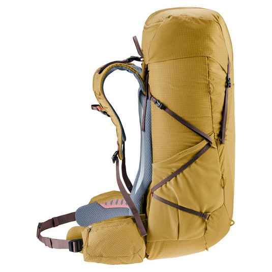 Yellow hiking backpack with multiple compartments and straps on a white background