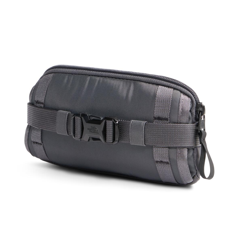 Load image into Gallery viewer, Gray pouch with multiple zippers and straps on a white background
