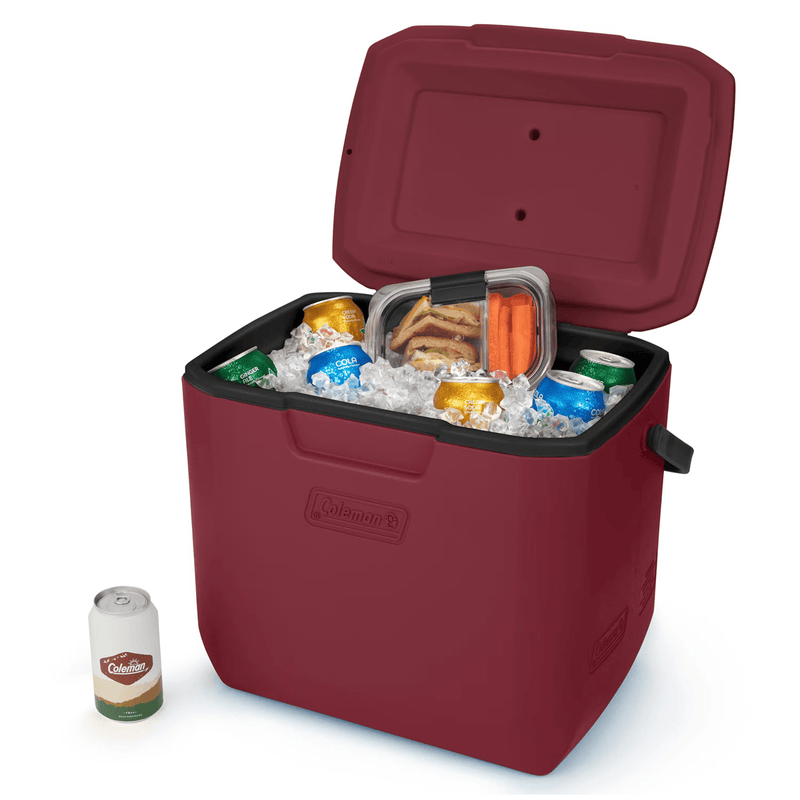 Load image into Gallery viewer, Red Coleman cooler with food and drinks on a white background
