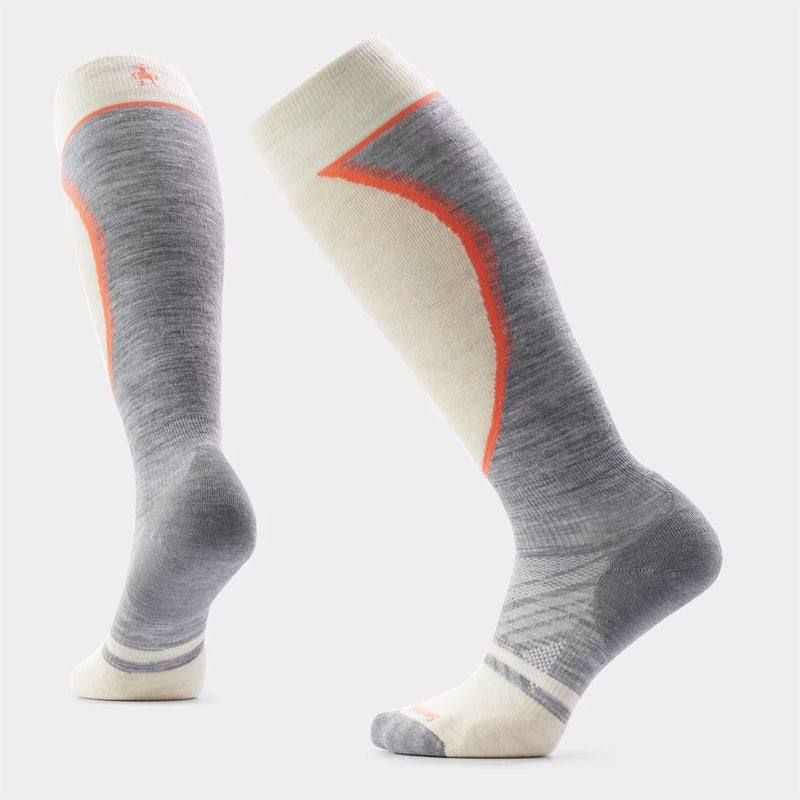 Load image into Gallery viewer, Gray knee-high socks with orange accents on a white background
