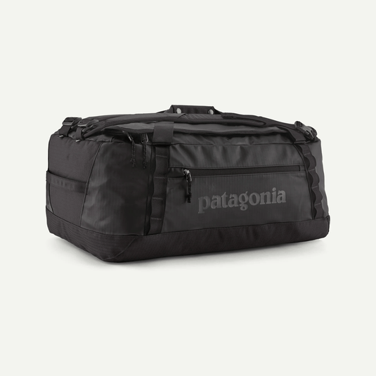 Black duffel bag with Patagonia logo on a white background