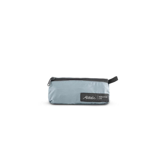 Gray pencil case with a black zipper on a white background